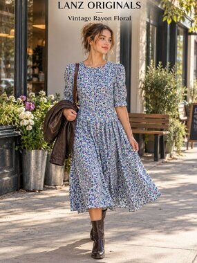 VTG 80s Lanz Originals Dress 12 Blue Floral Rayon Midi Cottagecore Prairie